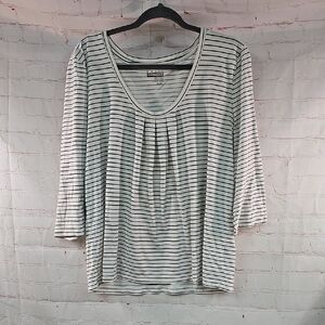 Basic Editions Pleated 3/4 Sleeve Blouse in White and Gray-Sz XL